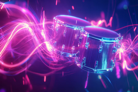 A dynamic 3D music background featuring a floating, holographic drum set surrounded by vibrant neon sound waves. Each beat sends radiant pulses through the abstract digital space, forming a futuristic symphony of rhythm and motion.の素材
