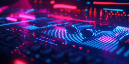 A cybernetic 3D music background showcasing a floating neon soundboard with holographic controls. The dynamic, pulsating sound waves ripple outward, creating an immersive representation of futuristic audio engineering.の素材