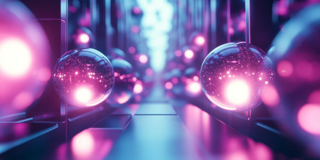 A high-tech 3D abstract background showcasing luminous holographic spheres floating in a sleek, futuristic void. The glowing reflections and smooth gradients enhance the cybernetic digital experience.の素材