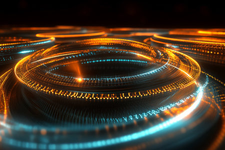 A hypnotic 3D abstract background showcasing an infinite fractal of glowing, pulsating neon rings. The cybernetic energy pulses through the intricate digital pattern, evoking a sense of high-speed futuristic motion and endless immersion.の素材