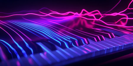 A breathtaking 3D abstract background featuring a glowing neon piano with floating keys dynamically lighting up as if played by an invisible force. Pulsating sound waves create a mesmerizing representation of digital music composition.の素材