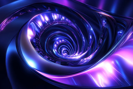 A futuristic 3D abstract background featuring an intricate spiral of glowing neon ribbons twisting around a central digital vortex. The smooth metallic surfaces and vibrant reflections in shades of blue and purple create an immersive cyberpunk environment, suggesting both infinite depth and high-tech motion.の素材