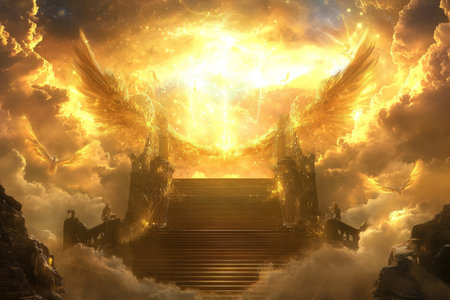 A celestial fantasy world 3D background featuring a divine floating podium bathed in golden light. Ethereal staircases lead to the heavens, while majestic winged beings hover gracefully, their radiant energy illuminating the cosmic sky.の素材