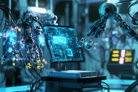 A cybernetic research lab 3D background featuring a robotic podium connected to an intricate network of wires. Screens display glowing algorithms, while mechanical arms fine-tune advanced AI-driven machinery in the high-tech facility.の素材