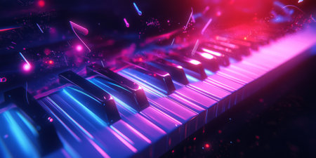 A breathtaking 3D abstract background featuring a glowing neon piano with floating keys dynamically lighting up as if played by an invisible force. Pulsating sound waves create a mesmerizing representation of digital music composition.の素材