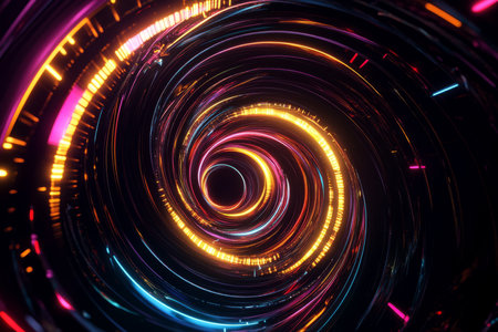 A hypnotic 3D abstract background featuring an intricate spiral of glowing holographic ribbons, twisting into infinity. The bright neon colors contrast against the dark void, enhancing the sci-fi aesthetic and digital illusion of depth.の素材