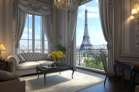 A classic Parisian-style 3D background room with elegant moldings, vintage furniture, and a charming balcony overlooking the Eiffel Tower. A romantic atmosphere fills the space.の素材