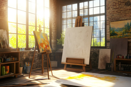 A cozy artistÃ¢â¬â¢s loft 3D background room filled with large canvases, scattered paintbrushes, and an unfinished masterpiece on an easel. Natural sunlight floods in through a large window.の素材