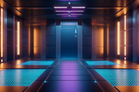 A futuristic training dojo 3D background room with holographic combat simulations, sleek metallic walls, and LED-lit floor grids. The minimalist yet high-tech design blends traditional martial arts elements with advanced technology.の素材