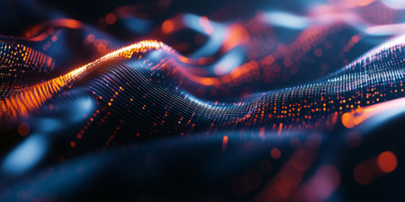 A dynamic 3D abstract background showcasing floating digital structures, glowing waveforms, and seamless fluid reflections. The futuristic high-tech composition enhances depth and movement.の素材