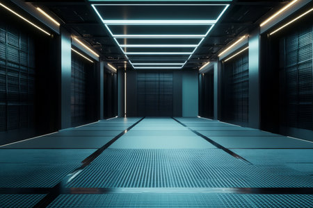 A futuristic training dojo 3D background room with holographic combat simulations, sleek metallic walls, and LED-lit floor grids. The minimalist yet high-tech design blends traditional martial arts elements with advanced technology.の素材