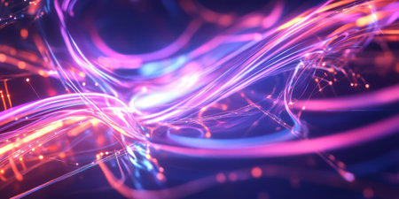 A high-tech abstract background with electric neon currents dynamically shifting through an intricate cybernetic network. The interplay of radiant energy and digital fluidity creates an immersive futuristic composition.の素材