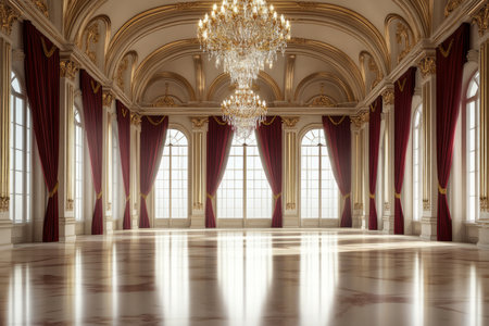 A grand Victorian ballroom 3D background room adorned with gold-trimmed moldings, crystal chandeliers, and polished marble floors. The luxurious red velvet curtains frame the tall, arched windows, letting in soft natural light.の素材