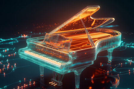 A breathtaking 3D abstract background where a floating, transparent grand piano glows with neon light. Its keys press down invisibly, releasing synchronized waves of luminous sound energy, forming a futuristic representation of digital music.の素材