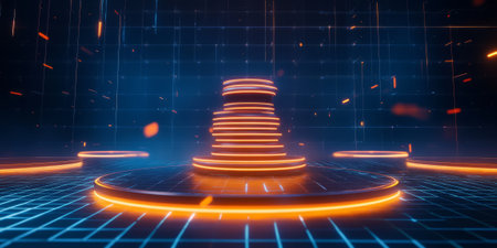 A conceptual 3D background featuring a podium made of stacked glowing rings, floating in a vast, digital grid environment. The deep blue and orange light contrasts enhance the sci-fi, data-driven aesthetic of the composition.の素材