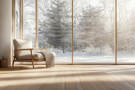 A cozy 3D background room in minimalist Scandinavian style. Soft warm lighting, wooden flooring, and neutral-toned furniture. A large window lets in natural sunlight, revealing a snowy forest outside. A simple yet elegant design for a modern interior.の素材