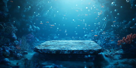 A deep underwater 3D background featuring a coral-encrusted podium. The soft, diffused blue lighting, floating bubbles, and schools of tropical fish swimming in the background create a serene oceanic aesthetic.の素材