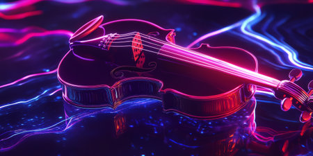 A futuristic 3D background showcasing a floating, holographic violin emitting ethereal neon sound waves. The abstract, immersive energy creates a surreal visualization of digital symphonies and electronic beats.の素材