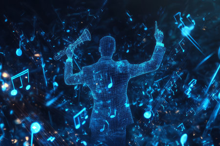 A high-tech 3D abstract background showcasing a holographic conductor leading an invisible orchestra. Glowing musical notes dance in midair, forming a breathtaking display of synchronized rhythm and futuristic digital sound.の素材