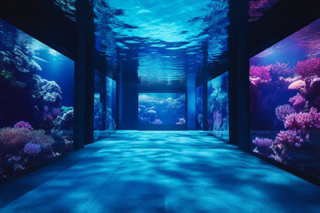 A deep-sea-inspired 3D background room, submerged in an underwater environment with bioluminescent coral formations glowing softly. The transparent walls provide a full view of the mesmerizing marine world outside.の素材