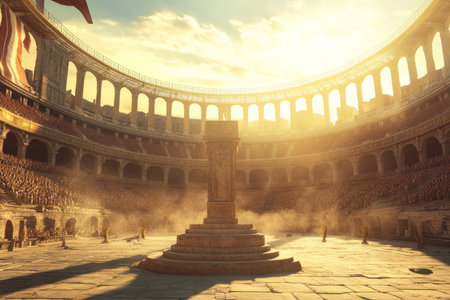 A grand coliseum 3D background featuring a massive stone podium at the center of the arena. Thousands of spectators cheer from towering stands, while golden sunlight filters through ancient arches, casting long shadows over the battlefield.の素材