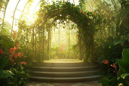 A botanical greenhouse 3D background featuring a nature-inspired podium made of glass and intertwined vines. The air is filled with soft golden light, while lush green foliage and exotic flowers create a tranquil oasis.の素材