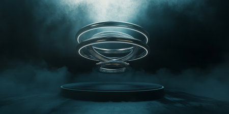 A dynamic 3D background featuring a floating podium made of glowing, interwoven metallic rings. The abstract, futuristic structure is set against a dark, misty background, with soft ambient lighting highlighting its intricate details.の素材
