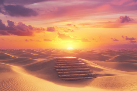 A breathtaking desert sunset 3D background featuring an ancient sandstone podium. The golden dunes stretch endlessly, while the sky glows in a mix of orange, pink, and purple hues as the sun sets beyond the horizon.の素材