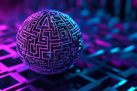 A hypnotic 3D abstract background featuring an intricate fractal sphere, composed of countless luminous, pulsating geometric patterns. The surreal sci-fi atmosphere is enhanced by vibrant neon cyan and violet hues.の素材