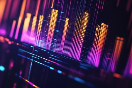 A high-tech 3D music background featuring a floating holographic equalizer pulsating with radiant light. Each bar reacts to an invisible rhythm, creating a mesmerizing, abstract digital visualization of futuristic sound dynamics.の素材