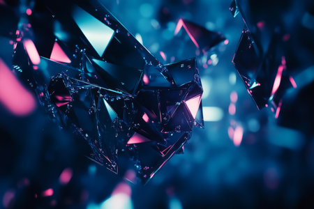 A high-tech 3D abstract background featuring a floating, crystalline structure composed of interconnected neon shards. The sharp edges and reflective surfaces catch the shifting glow, creating a mesmerizing futuristic sci-fi aesthetic.の素材
