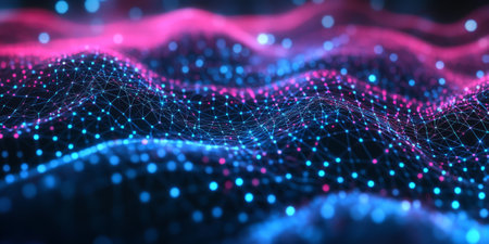 A dynamic 3D abstract background showing an intricate network of floating digital lines, softly illuminated by neon blue and magenta hues. The futuristic cyberpunk feel is enhanced by soft glows and deep reflections.の素材