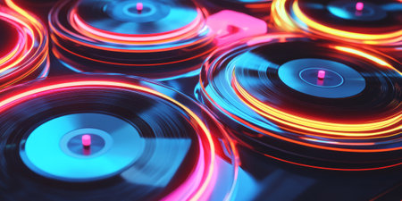 A breathtaking 3D music background featuring a floating neon turntable with glowing vinyl records spinning in sync with pulsating waves of sound energy. The abstract visualization represents the fusion of retro and futuristic music styles.の素材