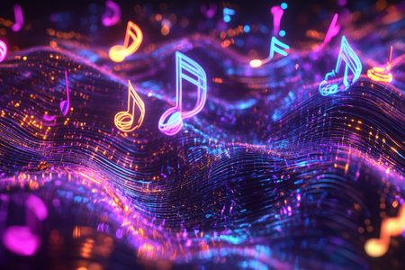 A hypnotic 3D background with fluid, wave-like structures made of pure sound energy. Floating neon musical notes and pulsating holographic beats illuminate the abstract, otherworldly landscape, giving the sensation of a digital music journey through time and space.の素材