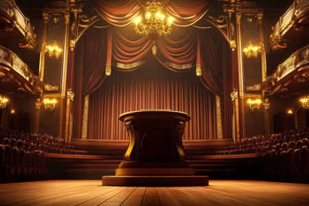 A grand opera house 3D background featuring an ornate podium in front of a massive, velvet-draped stage. The audience watches in anticipation, while golden chandeliers cast a warm, luxurious glow over the space.の素材