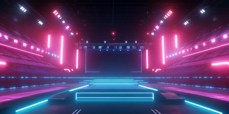 A futuristic stadium scene with a massive illuminated podium placed at the center of a glowing digital arena. The neon blue and pink lights, combined with the sleek, high-tech design, create a dynamic and energetic atmosphere.の素材