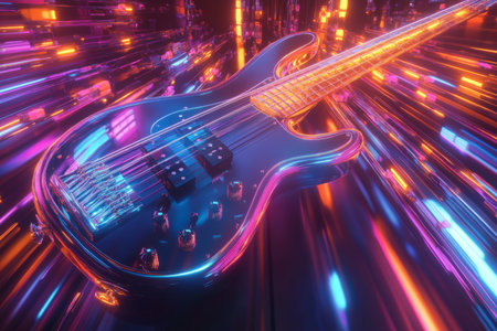 A futuristic 3D abstract background featuring a floating, holographic bass guitar pulsating with vibrant neon energy. Each strum sends glowing waves of motion through the digital atmosphere, forming an immersive, high-tech symphony.の素材