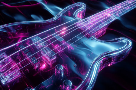 A futuristic 3D abstract background featuring a floating, holographic bass guitar pulsating with vibrant neon energy. Each strum sends glowing waves of motion through the digital atmosphere, forming an immersive, high-tech symphony.の素材