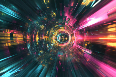 A high-tech 3D abstract background with an endless tunnel of luminous fractals, softly shifting colors in synchronized motion. The glowing reflections and deep layers enhance the futuristic cybernetic appeal, forming a visually captivating effect.の素材