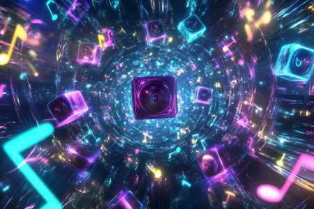 A hypnotic 3D abstract background featuring a swirling galaxy of neon music notes, floating speaker cubes, and pulsating sound frequencies. The deep-space environment glows with an electric symphony of colors, energy, and movement.の素材