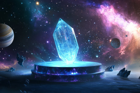 A celestial 3D background featuring a glowing crystal podium floating among the stars. Ethereal nebulae swirl in the distance, while distant planets and asteroids create a breathtaking cosmic spectacle. The podium emits a soft luminescent glow.の素材