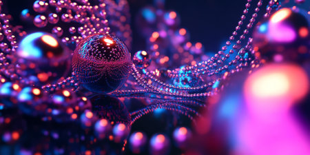 A hypnotic 3D abstract background with countless glowing orbs forming intricate swirling patterns. The neon-infused reflections and fluid motion enhance the sense of futuristic digital energy.の素材