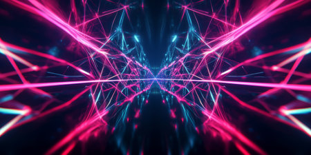 A hypnotic 3D abstract background with interconnected glowing lines forming a vast futuristic network. The deep reflections and vibrant neon hues enhance the sci-fi atmosphere.の素材