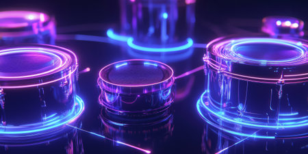 A futuristic 3D music background showcasing a levitating, glowing neon drum set, each drum pulsating with abstract sound waves. The immersive visualization captures the essence of rhythm, electronic beats, and modern digital music production.の素材