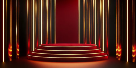 A bold and elegant 3D background featuring a luxurious red velvet podium with golden trims. The dramatic lighting and premium textures emphasize exclusivity and prestige.の素材