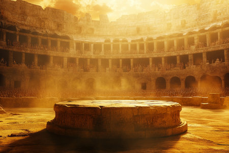 A gladiator arena 3D background featuring an ancient stone podium at the heart of a grand coliseum. The roaring crowd cheers, while sunlight filters through dust clouds, illuminating the battleground with an epic golden hue.の素材