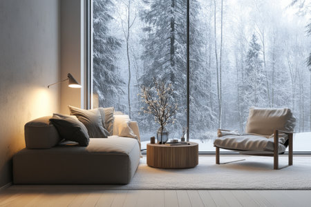 A cozy 3D background room in minimalist Scandinavian style. Soft warm lighting, wooden flooring, and neutral-toned furniture. A large window lets in natural sunlight, revealing a snowy forest outside. A simple yet elegant design for a modern interior.の素材