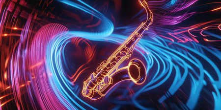 A futuristic 3D background displaying a glowing neon saxophone, surrounded by swirling sound waves. The immersive visualization blends the elegance of jazz with the energy of digital music production.の素材