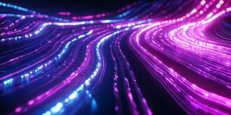 A breathtaking 3D music background featuring an endless, glowing neon pathway formed by synchronized sound waves. The futuristic, cybernetic energy pulses in harmony, representing digital rhythm, beats, and abstract musical flow.の素材