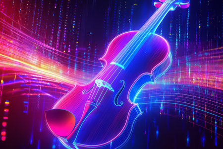 A futuristic 3D background showcasing a holographic, neon violin floating in space. As its strings vibrate, glowing sound waves pulse outward, forming an abstract, high-tech representation of music, motion, and harmony.の素材